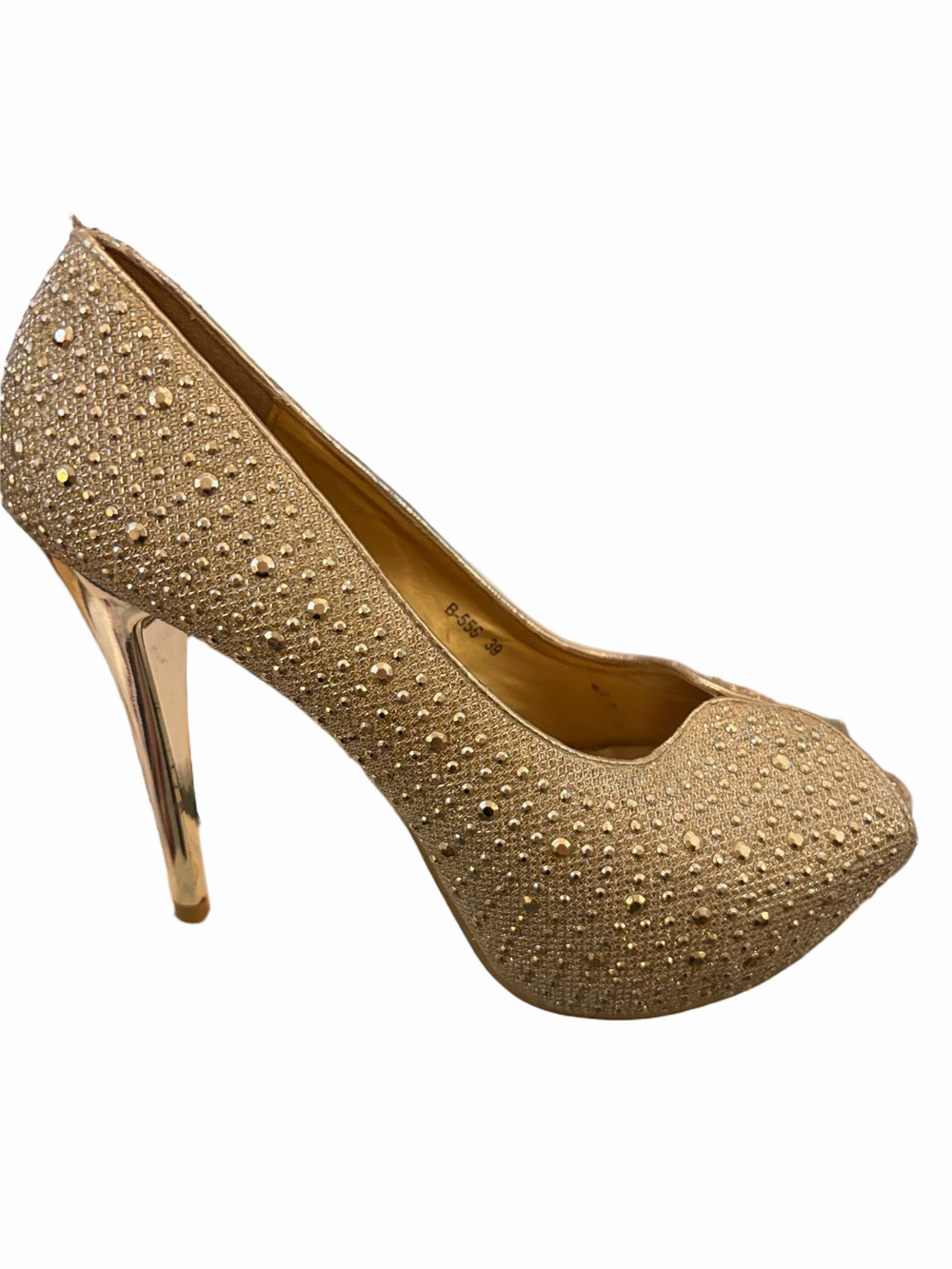 Encore gold studded 5” stiletto platform peep-toe dress shoe. Eu 39 Us 8-8.5.